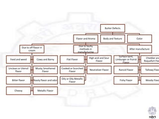 Butter Defects
Flavor and Aroma
Due to off flavor in
cream
Feed and weed Cowy and Barny
Unclean or Utensil
flavor
Musty, Smothered
Flavor
Bitter flavor Yeasty flavor and odor
Cheesy Metallic Flavor
Due to faulty
methods in
manufacturing
Flat Flavor
High acid and Sour
Flavor
Cooked or Scorched
Flavor
Neutralizer Flavor
Oily or Oily Metallic
Flavor
After manufacture
Surface taint,
Limburger or Putrid
Flavor
Cheddar and
Roquefort Flav
Rancid Flavor Tallowy Flavo
Fishy Flavor Woody Flavo
Body and Texture Color
 