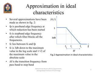 Approximation in ideal
characteristics
• Several approximations have been
made as shown in fig. 2:
• fp is passband edge frequency at
which reduction has been started
• fs is stopband edge frequency
after which filter blocks all the
frequencies.
• fc lies between fs and fp
• fc is 3db down to the maximum
value in the log scale and 1/√2 of
the maximum value in the
absolute scale
• ∆f is the transition frequency from
pass band to stop band
Fig.2 Approximation in ideal characteristics
f
)( fH
-
3dB
1
fp fc fs
∆f
3
Mohammad Akram,AP,ECE Department,
Jahangirabad Institute of Technology
 
