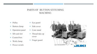 PARTS OF BUTTON STITCHING
MACHINE:
 Pulley
 Button clamp
 Operation panel
 SD card slot
 Control box
 Work clamp
 Power switch
 Eye guard
 Side cover
 Cone stand
 Thread take up
cover
 Finger guard
 