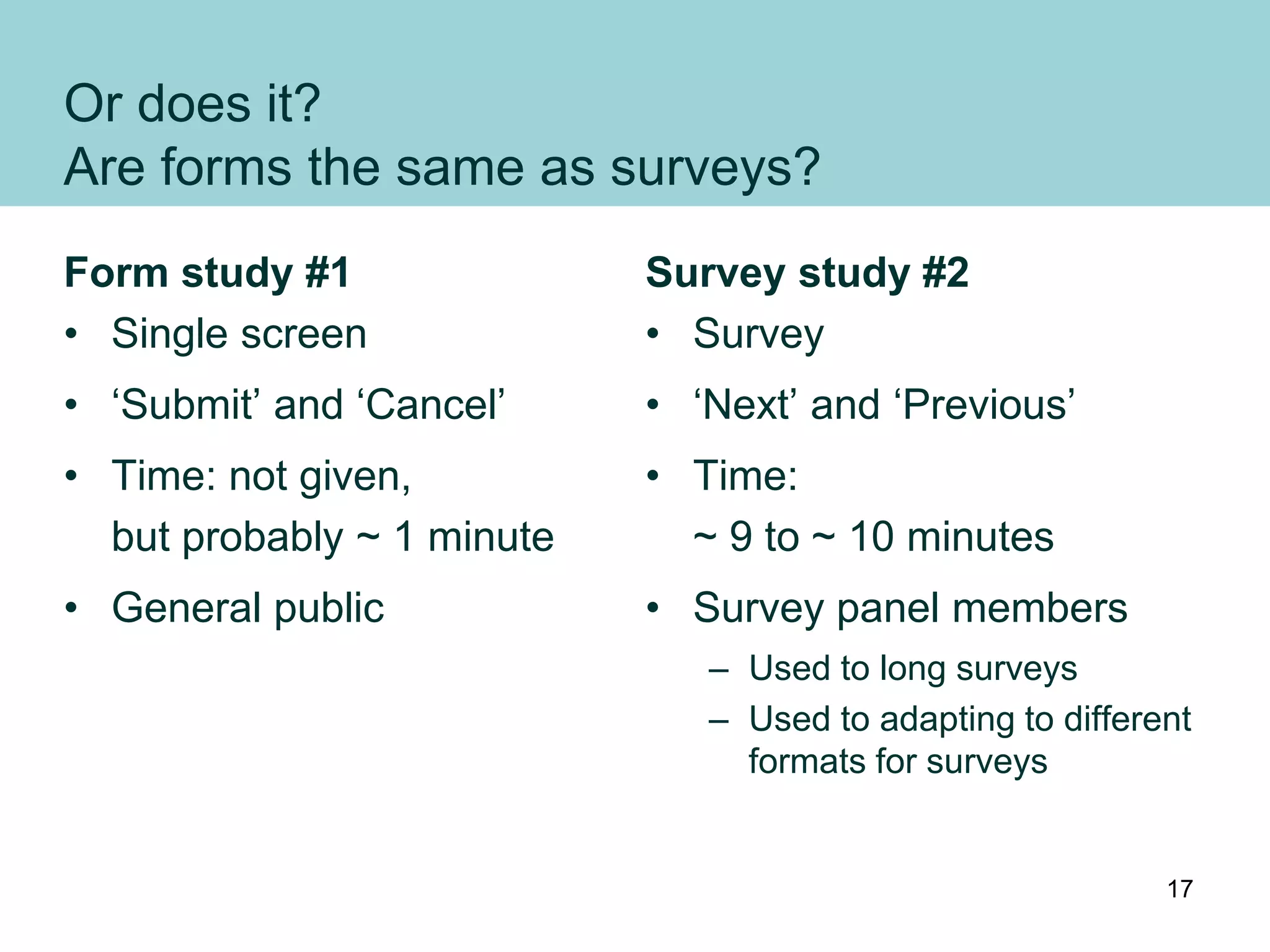 Or does it?
Are forms the same as surveys?
Form study #1
• Single screen
• ‘Submit’ and ‘Cancel’
• Time: not given,
but probably ~ 1 minute
• General public
Survey study #2
• Survey
• ‘Next’ and ‘Previous’
• Time:
~ 9 to ~ 10 minutes
• Survey panel members
– Used to long surveys
– Used to adapting to different
formats for surveys
17
 