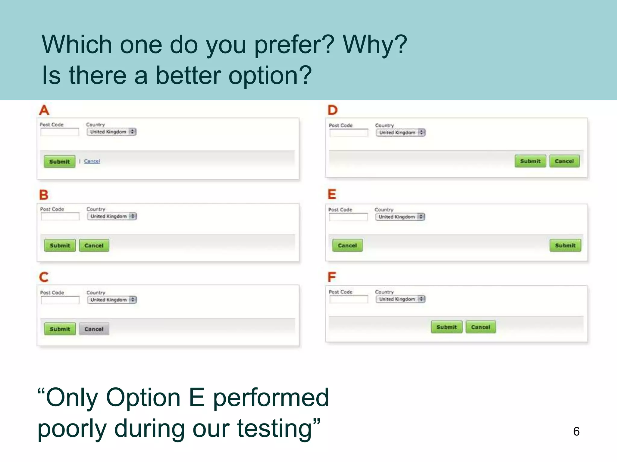 Which one do you prefer? Why?
Is there a better option?
“Only Option E performed
poorly during our testing” 6
 