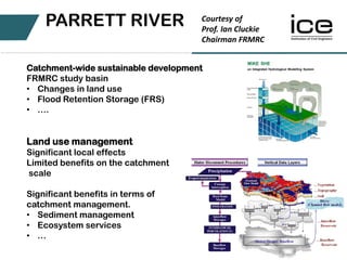 Catchment-wide sustainable development
FRMRC study basin
• Changes in land use
• Flood Retention Storage (FRS)
• ….
Land use management
Significant local effects
Limited benefits on the catchment
scale
Significant benefits in terms of
catchment management.
• Sediment management
• Ecosystem services
• …
PARRETT RIVER Courtesy of
Prof. Ian Cluckie
Chairman FRMRC
 
