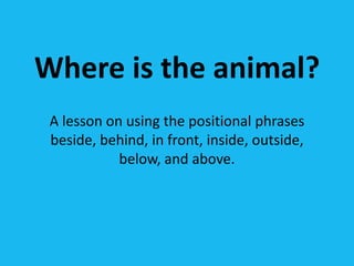 Where is the animal? A lesson on using the positional phrases beside, behind, in front, inside, outside, below, and above. 