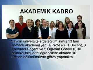 AKADEMiK KADRO




Saygın üniversitelerde eğitim almış 13 tam
zamanlı akademisyen (4 Profesör, 1 Doçent, 3
Yardımcı Doçent ve 5 Öğretim Görevlisi) ile
sektörel bilgilerini öğrencilere aktaran 10
uzman bölümümüzde görev yapmakta.
 