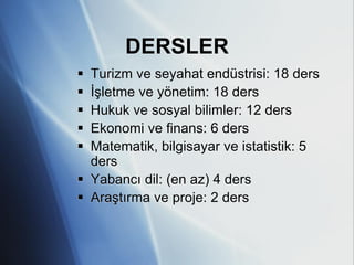 DERSLER
 Turizm ve seyahat endüstrisi: 18 ders
 İşletme ve yönetim: 18 ders
 Hukuk ve sosyal bilimler: 12 ders
 Ekonomi ve finans: 6 ders
 Matematik, bilgisayar ve istatistik: 5
  ders
 Yabancı dil: (en az) 4 ders
 Araştırma ve proje: 2 ders
 