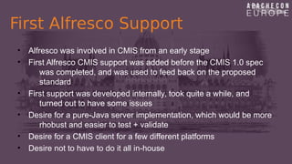 First Alfresco Support
• Alfresco was involved in CMIS from an early stage
• First Alfresco CMIS support was added before ...