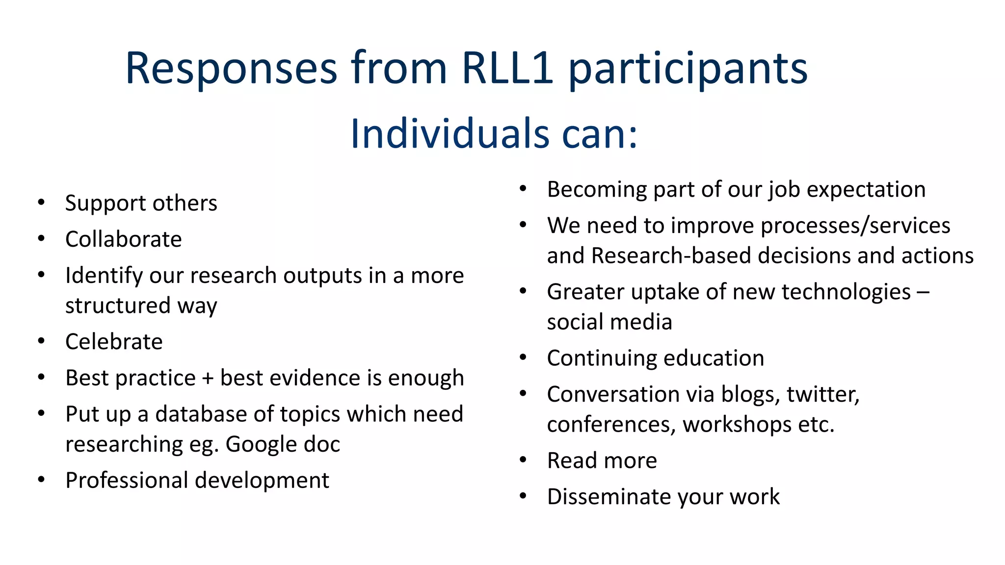 Individuals can:
• Support others
• Collaborate
• Identify our research outputs in a more
structured way
• Celebrate
• Best practice + best evidence is enough
• Put up a database of topics which need
researching eg. Google doc
• Professional development
• Becoming part of our job expectation
• We need to improve processes/services
and Research-based decisions and actions
• Greater uptake of new technologies –
social media
• Continuing education
• Conversation via blogs, twitter,
conferences, workshops etc.
• Read more
• Disseminate your work
Responses from RLL1 participants
 