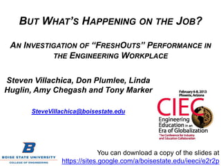 BUT WHAT’S HAPPENING ON THE JOB?

AN INVESTIGATION OF “FRESHOUTS” PERFORMANCE IN
          THE ENGINEERING WORKPLACE


                            a presentation by
Steven Villachica
   SteveVillachica@boisestate.edu
Don Plumlee
Linda Huglin
Amy Chegash
Tony Marker


                  Download slides at https://sites.google.com/a/boisestate.edu/ieeci/e2r2p
 