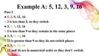 Example A: 5, 12, 3, 9, 16
Pass 2
● 5, 3, 9, 12, 16
○ 3 is less than 5, so they switch
● 3, 5, 9, 12, 16
○ 5 is less than 9 so they remain in the same places
● 3, 5, 9, 12, 16
○ 12 is greater than 9 so they do not switch places
● 3, 5, 9, 12, 16
○ 12 and 16 are in numerical order so they don’t switch.
 
