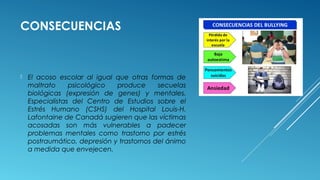 CONSECUENCIAS
 El acoso escolar al igual que otras formas de
maltrato psicológico produce secuelas
biológicas (expresión de genes) y mentales.
Especialistas del Centro de Estudios sobre el
Estrés Humano (CSHS) del Hospital Louis-H.
Lafontaine de Canadá sugieren que las víctimas
acosadas son más vulnerables a padecer
problemas mentales como trastorno por estrés
postraumático, depresión y trastornos del ánimo
a medida que envejecen.
 