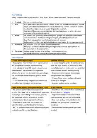17
Marketing
De vijf P's van marketing zijn: Product, Prijs, Plaats, Promotie en Personeel. Deze zijn als volgt.
1 Product horeca en ruimteverhuur
2 Prijs Er is geen concurrentie in de wijk. Lidl en Action zijn publiekstrekkers voor de hele
regio. Omdat de meeste bezoekers van buiten de wijk komen, kunnen de prijzen
marktconform zijn, wat goed is voor de geboden kwaliteit.
Voor de wijkbewoners komen speciale (kortings)regelingen en acties, b.v. een
stamppot- of bruine bonen avond.
3 Plaats De plaats is het gebouwtje de Noorderpoort gelegen aan de noordzijde van het
winkelcentrum de Hambaken. Dit gebouwtje is, omdat het voorheen een
buurthuis was, geschikt voor het voorgenoemde product.
Lidl en Action trekken veel winkelpubliek wat goed is voor de horecagelegenheid.
4 Promotie De promotie richt zich vooral op de wijkbewoners.
Mogelijke communicatiekanalen zijn wijkgerichte websites, de wijkkrant de
Nieuwsbaken en de weekkranten.
5 Personeel Het personeel bestaat uit vrijwilligers en beroepskrachten.
Beroepskrachten zijn belangrijk voor een gedegen beheer.
Swot diagram
STERKE PUNTEN (behoeften) ZWAKKE PUNTEN
- De overgrote meerderheid van de wijkbewoners
wilt graag het voormalige buurthuis terug.
- In de wijk zijn er ong. 300 vanuit huis werkende
ondernemers., die voor het ontvangen van
relaties, het geven van demonstraties, workshops,
e.d. van een passende omgeving gebruik willen
maken.
- Er is in de wijk weinig tot geen concurrentie op
het gebied van horeca en ruimteverhuur.
- Er is veel draagvlak onder de wijkbewoners,
maar dat blijkt moeilijk te mobiliseren. Met
name het vinden en vasthouden van geschikte
bestuursleden behoeft veel inspanning.
- De economische recessie. Mensen zijn
terughoudend met uitgaven.
- Er is een flinke omzet nodig om de vaste
lasten op te brengen.
- Beperkte parkeerruimte overdags.
KANSEN (die wij niet voorbij moeten laten gaan) BEDREIGINGEN
- Het gebouw De Noorderpoort staat vanaf
oktober 2012 leeg. Het is ontworpen als buurthuis
en na enige herinrichting weer daartoe geschikt.
Het is centraal gelegen bij een druk bezocht
winkelcentrum, ideaal voor een lunchroom.
- De gemeente en andere instanties staan
welwillend t.o.v. van het bewonersinitiatief.
- Het LSA ondersteunt aspirant BewonersBedrijven
en biedt mogelijk een startkapitaal.
- De wijkraad wilt samen met de kickboksclub
de Noorderpoort beheren.
- De plannen voor reconstructie van het
centrum van de wijk zijn nog onduidelijk.
- Door zwak bestuur en incidenten in het
verleden is er geen goede reputatie als
buurthuis.
- Omwonenden kunnen gaan klagen over
overlast.
 