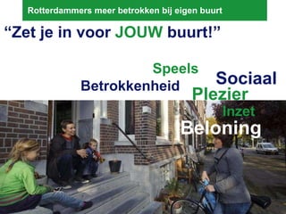 Rotterdammers meer betrokken bij eigen buurt “ Zet je in voor  JOUW  buurt!” Betrokkenheid Beloning Plezier Sociaal Inzet Speels 
