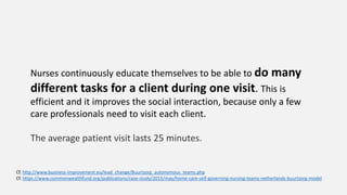 Nurses continuously educate themselves to be able to do many
different tasks for a client during one visit. This is
efficient and it improves the social interaction, because only a few
care professionals need to visit each client.
The average patient visit lasts 25 minutes.
Cf. http://www.business-improvement.eu/lead_change/Buurtzorg_autonomous_teams.php
Cf. https://www.commonwealthfund.org/publications/case-study/2015/may/home-care-self-governing-nursing-teams-netherlands-buurtzorg-model
 