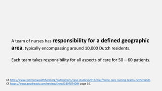 A team of nurses has responsibility for a defined geographic
area, typically encompassing around 10,000 Dutch residents.
Each team takes responsibility for all aspects of care for 50 – 60 patients.
Cf. http://www.commonwealthfund.org/publications/case-studies/2015/may/home-care-nursing-teams-netherlands
Cf. https://www.goodreads.com/review/show/3397074094 page 16.
 