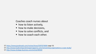 Coaches coach nurses about
 how to listen actively,
 how to make decisions,
 how to solve conflicts, and
 how to coach each other.
Cf. https://www.goodreads.com/review/show/3397074094 page 16.
Cf. http://www.leadershipandchangemagazine.com/reinventing-organizations-a-case-study/
Cf. http://www.strategy-business.com/article/00344
 
