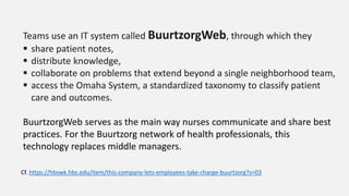 Teams use an IT system called BuurtzorgWeb, through which they
 share patient notes,
 distribute knowledge,
 collaborate on problems that extend beyond a single neighborhood team,
 access the Omaha System, a standardized taxonomy to classify patient
care and outcomes.
BuurtzorgWeb serves as the main way nurses communicate and share best
practices. For the Buurtzorg network of health professionals, this
technology replaces middle managers.
Cf. https://hbswk.hbs.edu/item/this-company-lets-employees-take-charge-buurtzorg?s=03
 