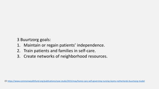 3 Buurtzorg goals:
1. Maintain or regain patients’ independence.
2. Train patients and families in self-care.
3. Create networks of neighborhood resources.
Cf. https://www.commonwealthfund.org/publications/case-study/2015/may/home-care-self-governing-nursing-teams-netherlands-buurtzorg-model
 