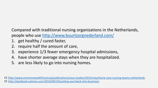 Compared with traditional nursing organizations in the Netherlands,
people who use http://www.buurtzorgnederland.com/
1. get healthy / cured faster,
2. require half the amount of care,
3. experience 1/3 fewer emergency hospital admissions,
4. have shorter average stays when they are hospitalized.
5. are less likely to go into nursing homes.
Cf. http://www.commonwealthfund.org/publications/case-studies/2015/may/home-care-nursing-teams-netherlands
Cf. http://dealbook.nytimes.com/2014/09/19/putting-soul-back-into-business/
 