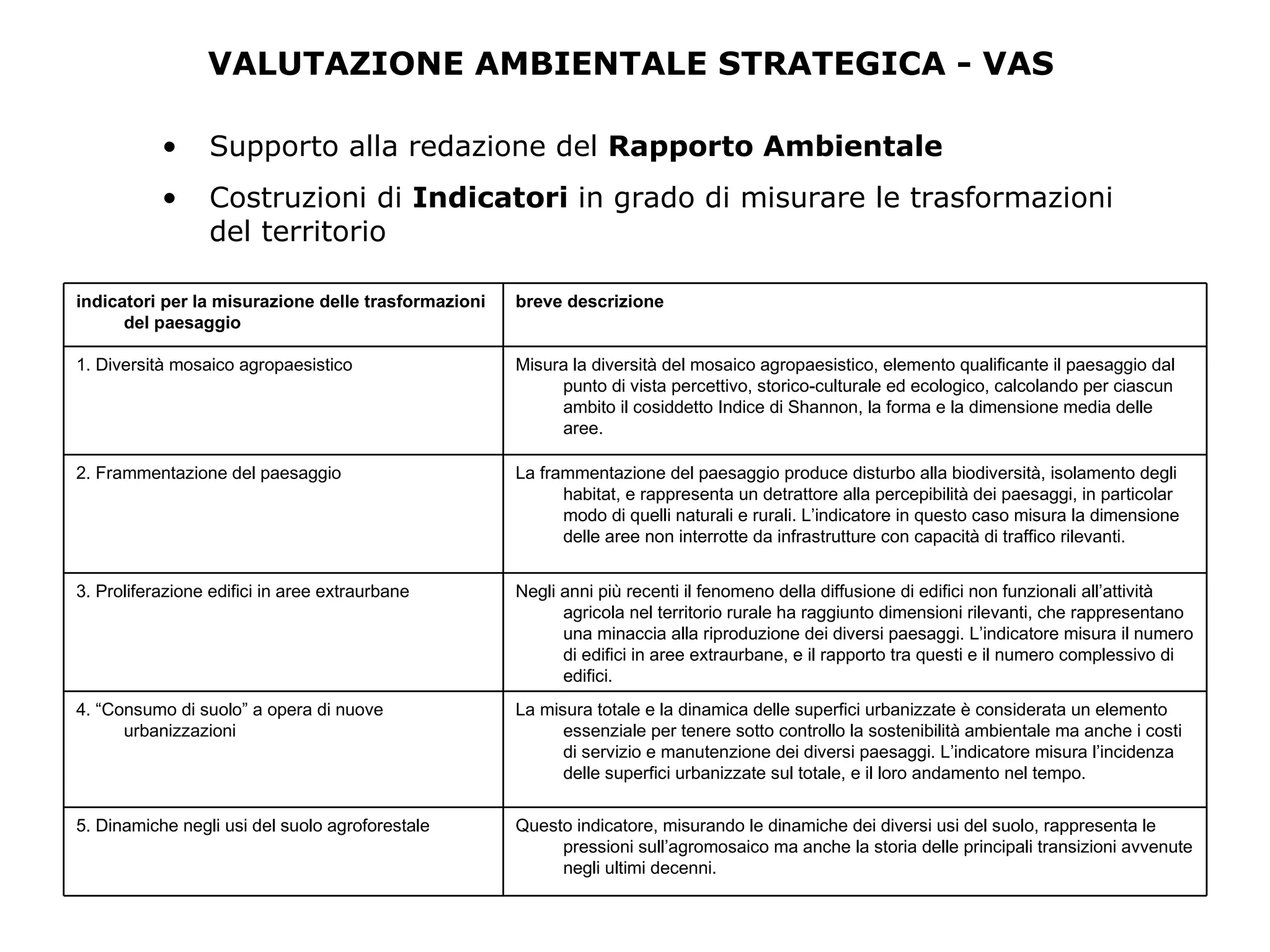 VALUTAZIONE AMBIENTALE STRATEGICA - VAS Supporto alla redazione del  Rapporto Ambientale Costruzioni di  Indicatori  in grado di misurare le trasformazioni del territorio Questo indicatore, misurando le dinamiche dei diversi usi del suolo, rappresenta le pressioni sull’agromosaico ma anche la storia delle principali transizioni avvenute negli ultimi decenni. 5. Dinamiche negli usi del suolo agroforestale La misura totale e la dinamica delle superfici urbanizzate è considerata un elemento essenziale per tenere sotto controllo la sostenibilità ambientale ma anche i costi di servizio e manutenzione dei diversi paesaggi. L’indicatore misura l’incidenza delle superfici urbanizzate sul totale, e il loro andamento nel tempo. 4. “Consumo di suolo” a opera di nuove urbanizzazioni Negli anni più recenti il fenomeno della diffusione di edifici non funzionali all’attività agricola nel territorio rurale ha raggiunto dimensioni rilevanti, che rappresentano una minaccia alla riproduzione dei diversi paesaggi. L’indicatore misura il numero di edifici in aree extraurbane, e il rapporto tra questi e il numero complessivo di edifici. 3. Proliferazione edifici in aree extraurbane La frammentazione del paesaggio produce disturbo alla biodiversità, isolamento degli habitat, e rappresenta un detrattore alla percepibilità dei paesaggi, in particolar modo di quelli naturali e rurali. L’indicatore in questo caso misura la dimensione delle aree non interrotte da infrastrutture con capacità di traffico rilevanti. 2. Frammentazione del paesaggio Misura la diversità del mosaico agropaesistico, elemento qualificante il paesaggio dal punto di vista percettivo, storico-culturale ed ecologico, calcolando per ciascun ambito il cosiddetto Indice di Shannon, la forma e la dimensione media delle aree. 1. Diversità mosaico agropaesistico breve descrizione indicatori per la misurazione delle trasformazioni del paesaggio 