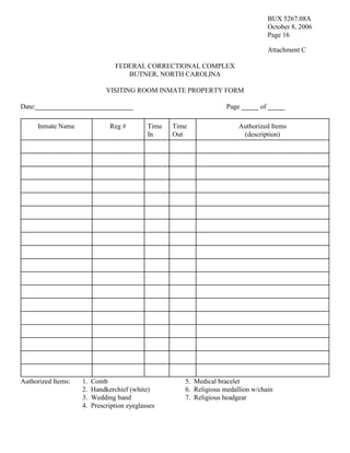 Inmate Property Intake Form FindLaw | Butner, North Carolina Federal Correctional Complex Visiting ...
