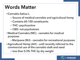 Words Matter
•Cannabis Sativa L.
– Source of medical cannabis and agricultural hemp
– Contains 60-100 constituents
– THC: ...