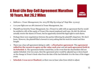 16 
A Real-Life Buy-Sell Agreement Marathon 
10 Years, Not 26.2 Miles 
» Sullivan v. Troser Management, Inc. 2013 NY Slip Op 01634 (4th Dept Mar. 15 2013) 
» A 10 year fight over an 18% interest in Troser Management, Inc. 
» Plaintiff was hired by Troser Mangement, Inc. (Troser) in 1986 with an agreement that he would 
be entitled to 18% of the equity of Troser if he stayed employed until 1991. He did. He did not 
actually receive the shares of Troser, but he apparently earned the legal right to such shares. 
» Perhaps there were negotiations between the parties following the plaintiff’s departure. We don’t 
know. However, the plaintiff filed a lawsuit in 2003 asking that his stock be issued and then 
bought. 
» There was a buy-sell agreement dating to 1986 – a fixed-price agreement. This agreement 
called for the owners to agree on the value each year and set such agreement forth in 
its Schedule A. The agreement further stated that, in the event that the shareholders did not 
update Schedule A for two years, then the agreement price would be adjusted up or down based 
on the change in Troser’s book value from the date of the last Schedule A to the time of the trigger 
event. 
» Schedule A was never finalized, so there was no base value from which to adjust. 
 