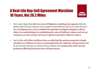17 
A Real-Life Buy-Sell Agreement Marathon 
10 Years, Not 26.2 Miles 
» You’ve got to figure that after ten years of litigation, including four appeals, likely the 
parties collectively have spent far more in legal fees than Sullivan’s shares are worth. On top of 
that, the litigants have yet to establish through their prodigious litigation efforts 
either (1) a methodology for establishing the value of Sullivan’s shares and (2) any 
certainty as to the exercise of Troser’s option to purchase Sullivan’s shares. 
» And to think, all of this could have been avoided had the parties prepared a simple 
schedule or certificate of value as contemplated by the 1986 buy-sell agreement. But 
do not view this omission as a freak occurrence. Rather, it is symptomatic of the myriad 
problems afflicting fixed-price buy-sell agreements. 
 