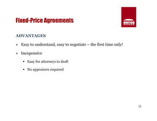 19 
Fixed-Price Agreements 
ADVANTAGES 
» Easy to understand, easy to negotiate – the first time only! 
» Inexpensive 
§ Easy for attorneys to draft 
§ No appraisers required 
 
