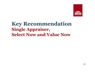 34 
Key Recommendation 
Single Appraiser, 
Select Now and Value Now 
 