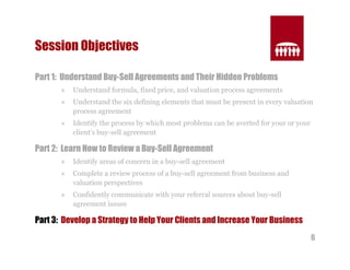 6 
Session Objectives 
Part 1: Understand Buy-Sell Agreements and Their Hidden Problems 
» Understand formula, fixed price, and valuation process agreements 
» Understand the six defining elements that must be present in every valuation 
process agreement 
» Identify the process by which most problems can be averted for your or your 
client’s buy-sell agreement 
Part 2: Learn How to Review a Buy-Sell Agreement 
» Identify areas of concern in a buy-sell agreement 
» Complete a review process of a buy-sell agreement from business and 
valuation perspectives 
» Confidently communicate with your referral sources about buy-sell 
agreement issues 
Part 3: Develop a Strategy to Help Your Clients and Increase Your Business 
 