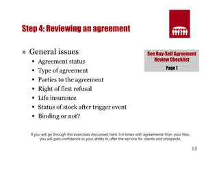 69 
Step 4: Reviewing an agreement 
» General issues 
§ Agreement status 
§ Type of agreement 
§ Parties to the agreement 
§ Right of first refusal 
§ Life insurance 
§ Status of stock after trigger event 
§ Binding or not? 
See Buy-Sell Agreement 
Review Checklist 
Page 1 
If you will go through the exercises discussed here 3-4 times with agreements from your files, 
you will gain confidence in your ability to offer the service for clients and prospects. 
 