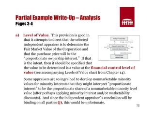 78 
Partial Example Write-Up – Analysis 
Pages 3-4 
a) Level of Value. This provision is good in 
that it attempts to direct that the selected 
independent appraiser is to determine the 
Fair Market Value of the Corporation and 
that the purchase price will be the 
“proportionate ownership interest.” If that 
is the intent, then it should be specified that 
the value to be determined is a value at the financial control level of 
value (see accompanying Levels of Value chart from Chapter 14). 
Some appraisers are so ingrained to develop nonmarketable minority 
values for minority interests that they might interpret “proportionate 
interest” to be the proportionate share of a nonmarketable minority level 
value (after perhaps applying minority interest and/or marketability 
discounts). And since the independent appraiser’s conclusion will be 
binding on all parties (j), this would be unfortunate. 
 