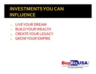 1.   LIVE YOUR DREAM
2.   BUILD YOUR WEALTH
3.   CREATE YOUR LEGACY
4.   GROW YOUR EMPIRE
 