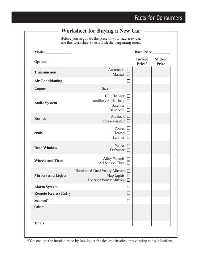 buy a new cars car buying worksheet