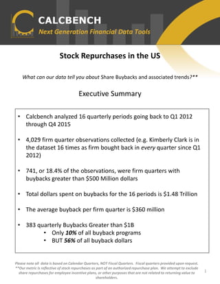 Stock Repurchases in the US
What can our data tell you about Share Buybacks and associated trends?**
Executive Summary
Please note all data is based on Calendar Quarters, NOT Fiscal Quarters. Fiscal quarters provided upon request.
**Our metric is reflective of stock repurchases as part of an authorized repurchase plan. We attempt to exclude
share repurchases for employee incentive plans, or other purposes that are not related to returning value to
shareholders.
1
• Calcbench analyzed 16 quarterly periods going back to Q1 2012
through Q4 2015
• 4,029 firm quarter observations collected (e.g. Kimberly Clark is in
the dataset 16 times as firm bought back in every quarter since Q1
2012)
• 741, or 18.4% of the observations, were firm quarters with
buybacks greater than $500 Million dollars
• Total dollars spent on buybacks for the 16 periods is $1.48 Trillion
• The average buyback per firm quarter is $360 million
• 383 quarterly Buybacks Greater than $1B
• Only 10% of all buyback programs
• BUT 56% of all buyback dollars
 