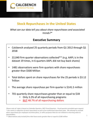 Stock Repurchases in the United States
Executive Summary
Please note all data is based on Calendar Quarters, NOT Fiscal Quarters. Fiscal quarters provided upon request.
* Our metric is reflective of stock repurchases as part of an authorized repurchase plan. We attempt to exclude
share repurchases for employee incentive plans, or other purposes that are not related to returning value to
shareholders.
** Observations only include firms that have assets greater than or equal to $100 million
1
• Calcbench analyzed 25 quarterly periods from Q1 2012 through Q1
2018
• 22,040 firm quarter observations collected** (e.g. AAPL is in the
dataset 19 times, in 6 quarters AAPL did not buy back shares)
• 1481 observations were firm quarters with share repurchases
greater than $500 Million
• Total dollars spent on share repurchases for the 25 periods is $3.12
Trillion
• The average share repurchase per firm quarter is $141.5 million
• 701 quarterly share repurchases greater than or equal to $1B
• Only 3.2% of all repurchasing programs
• BUT 48.7% of all repurchasing dollars
What can our data tell you about share repurchases and associated
trends?*
Get Behind The Data
 