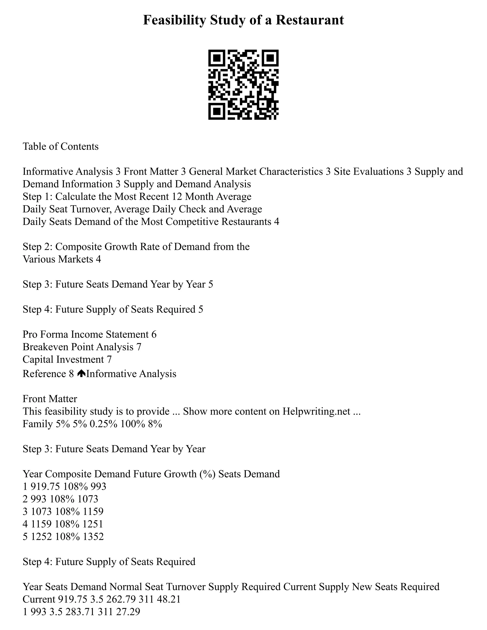 Feasibility Study of a Restaurant
Table of Contents
Informative Analysis 3 Front Matter 3 General Market Characteristics 3 Site Evaluations 3 Supply and
Demand Information 3 Supply and Demand Analysis
Step 1: Calculate the Most Recent 12 Month Average
Daily Seat Turnover, Average Daily Check and Average
Daily Seats Demand of the Most Competitive Restaurants 4
Step 2: Composite Growth Rate of Demand from the
Various Markets 4
Step 3: Future Seats Demand Year by Year 5
Step 4: Future Supply of Seats Required 5
Pro Forma Income Statement 6
Breakeven Point Analysis 7
Capital Investment 7
Reference 8 Informative Analysis
Front Matter
This feasibility study is to provide ... Show more content on Helpwriting.net ...
Family 5% 5% 0.25% 100% 8%
Step 3: Future Seats Demand Year by Year
Year Composite Demand Future Growth (%) Seats Demand
1 919.75 108% 993
2 993 108% 1073
3 1073 108% 1159
4 1159 108% 1251
5 1252 108% 1352
Step 4: Future Supply of Seats Required
Year Seats Demand Normal Seat Turnover Supply Required Current Supply New Seats Required
Current 919.75 3.5 262.79 311 48.21
1 993 3.5 283.71 311 27.29
 
