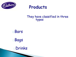 They have classified in three
types
Bars
Bags
Drinks
 