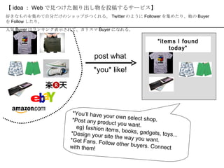 post what *you* like! *You’ll have your own select shop. *Post any product you want. eg) fashion items, books, gadgets, toys... *Design your site the way you want. *Get Fans.  Follow other buyers.  Connect with them! 【 idea ： Web で見つけた掘り出し物を投稿するサービス】 好きなものを集めて自分だけのショップがつくれる。 Twitter のように Follower を集めたり、他の Buyer を Follow したり。 人気 Buyer はランキング表示されて、カリスマ Buyer になれる。 “ items I found today” 