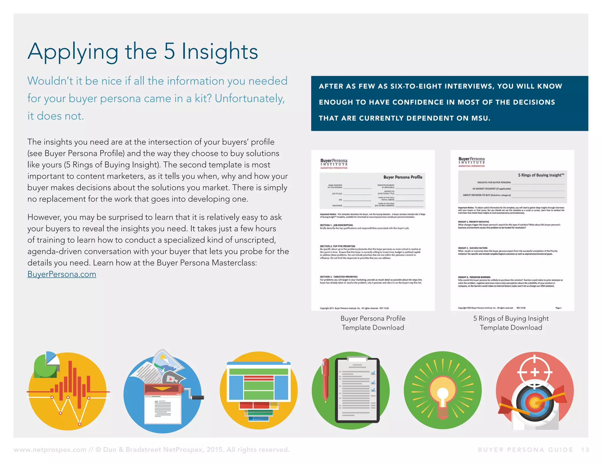 www.netprospex.com // © Dun & Bradstreet NetProspex, 2015. All rights reserved.	 B U Y E R P E R S O N A G U I D E 	 13
AFTER AS FEW AS SIX-TO-EIGHT INTERVIEWS, YOU WILL KNOW
ENOUGH TO HAVE CONFIDENCE IN MOST OF THE DECISIONS
THAT ARE CURRENTLY DEPENDENT ON MSU.
Buyer Persona Profile
Template Download
5 Rings of Buying Insight
Template Download
Applying the 5 Insights
Wouldn’t it be nice if all the information you needed
for your buyer persona came in a kit? Unfortunately,
it does not.
The insights you need are at the intersection of your buyers’ profile
(see Buyer Persona Profile) and the way they choose to buy solutions
like yours (5 Rings of Buying Insight). The second template is most
important to content marketers, as it tells you when, why and how your
buyer makes decisions about the solutions you market. There is simply
no replacement for the work that goes into developing one.
However, you may be surprised to learn that it is relatively easy to ask
your buyers to reveal the insights you need. It takes just a few hours
of training to learn how to conduct a specialized kind of unscripted,
agenda-driven conversation with your buyer that lets you probe for the
details you need. Learn how at the Buyer Persona Masterclass:
BuyerPersona.com
 
