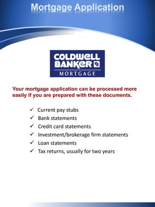 Mortgage Application
 Current pay stubs
 Bank statements
 Credit card statements
 Investment/brokerage firm statements
 Loan statements
 Tax returns, usually for two years
Your mortgage application can be processed more
easily if you are prepared with these documents.
 