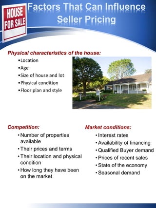 Factors That Can Influence
Seller Pricing
Physical characteristics of the house:
•Location
•Age
•Size of house and lot
•Physical condition
•Floor plan and style
Competition:
• Number of properties
available
• Their prices and terms
• Their location and physical
condition
• How long they have been
on the market
Market conditions:
• Interest rates
• Availability of financing
• Qualified Buyer demand
• Prices of recent sales
• State of the economy
• Seasonal demand
 
