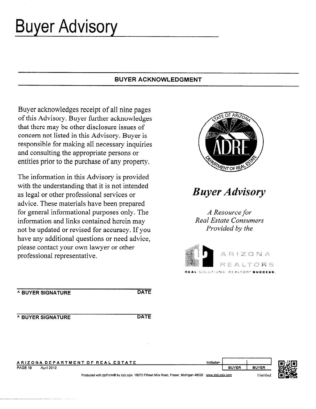 Buyer Advisory Arizona Department of Real Estate