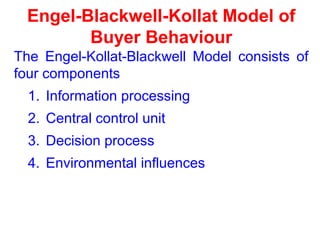 Engel-Blackwell-Kollat Model of
Buyer Behaviour
The Engel-Kollat-Blackwell Model consists of
four components
1. Information processing
2. Central control unit
3. Decision process
4. Environmental influences
 