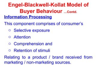 Engel-Blackwell-Kollat Model of
Buyer Behaviour …Contd.
Information Processing
This component comprises of consumer’s
o Selective exposure
o Attention
o Comprehension and
o Retention of stimuli
Relating to a product / brand received from
marketing / non-marketing sources.
 