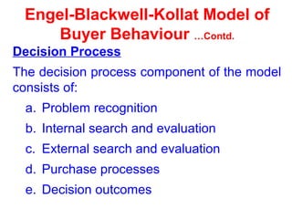 Engel-Blackwell-Kollat Model of
Buyer Behaviour …Contd.
Decision Process
The decision process component of the model
consists of:
a. Problem recognition
b. Internal search and evaluation
c. External search and evaluation
d. Purchase processes
e. Decision outcomes
 