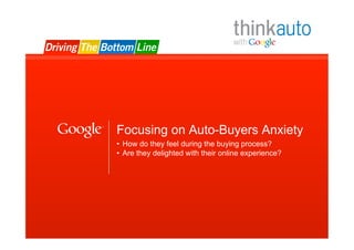 Focusing on Auto-Buyers Anxiety
•  How do they feel during the buying process?
•  Are they delighted with their online experience?




                                           Google Confidential and Proprietary   11
 