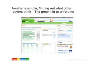Another example, finding out what other
buyers think – The growth in user forums




                                    Google Confidential and Proprietary   18
 