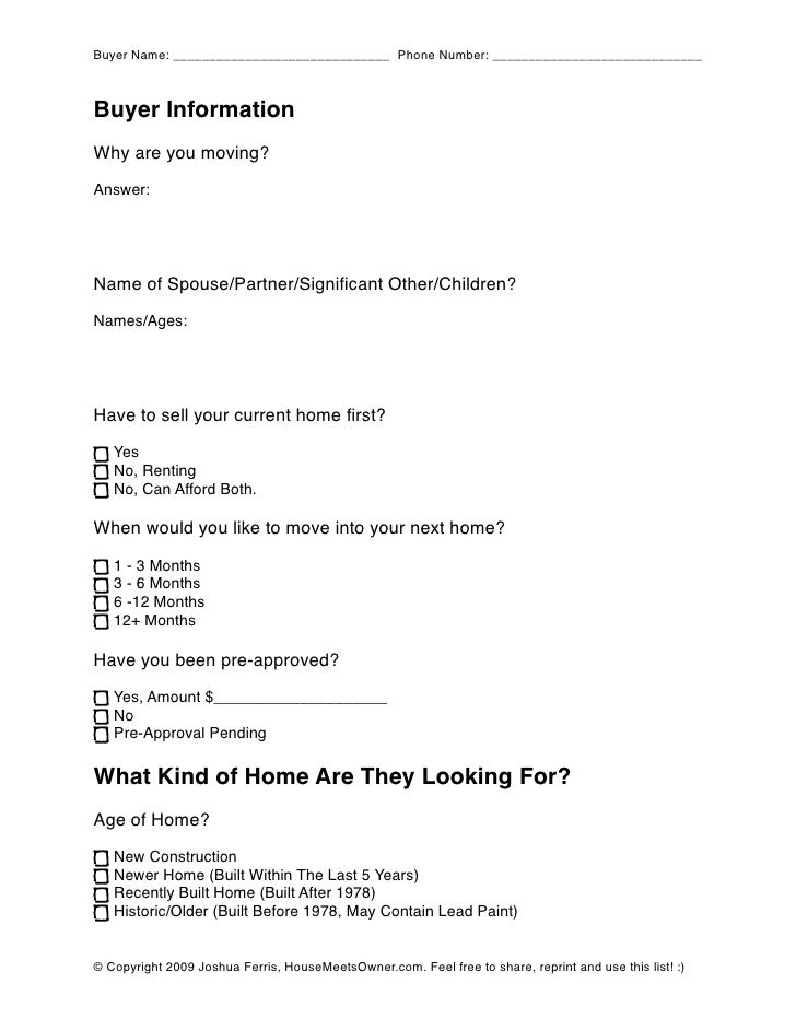 real estate buyer qualification sheet real estate buyer information form
