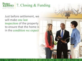 7. Closing & Funding

Just before settlement, we
will make one last
inspection of the property
to ensure that the home is
in the condition we expect
 